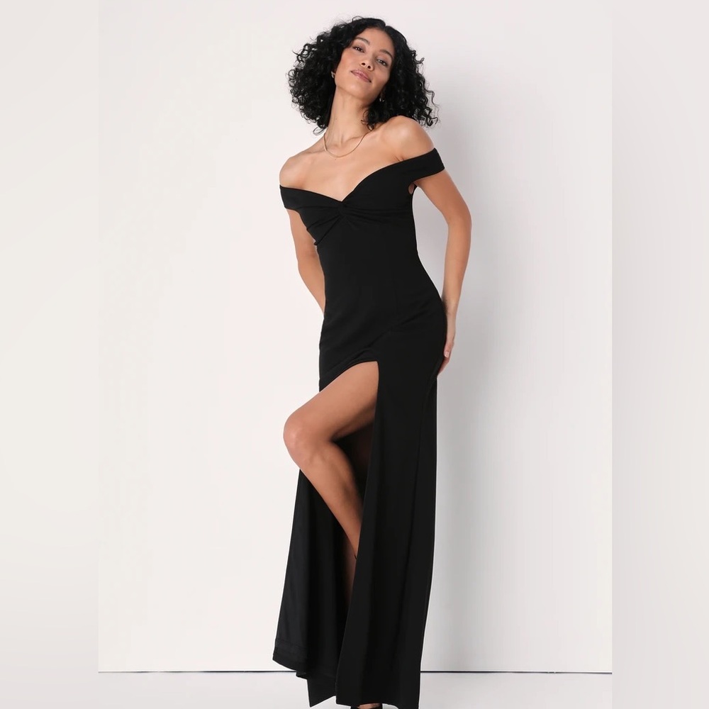 LuLus Behold My Love Black Off-The-Shoulder Twist-Front Formal Dress
